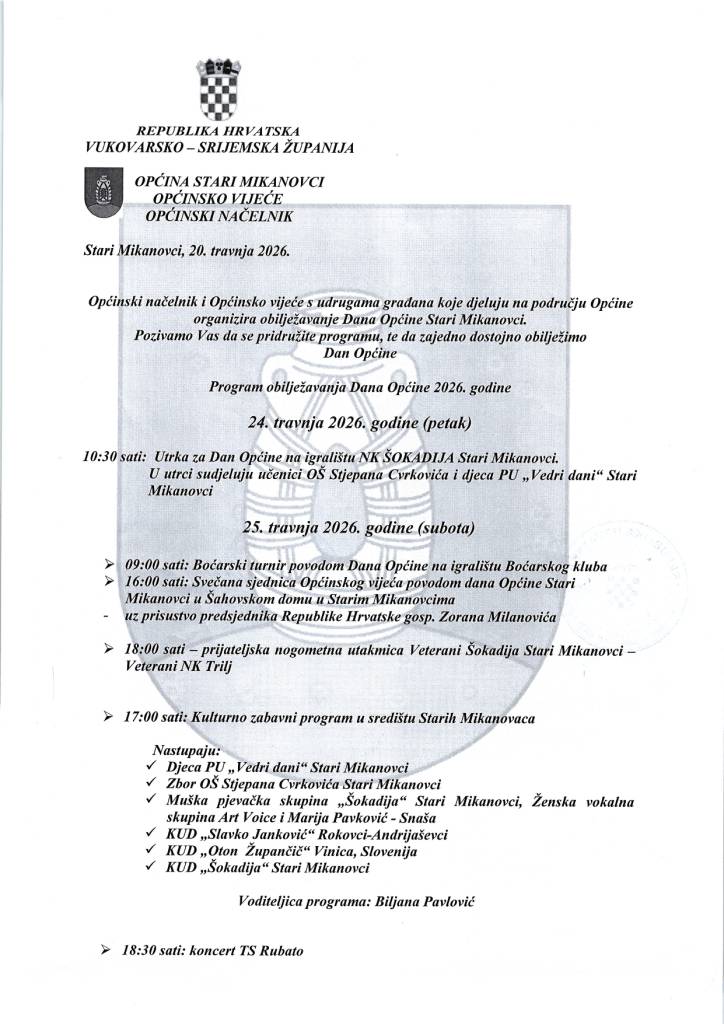 Program obilježavanja Dana Općine Stari Mikanovci