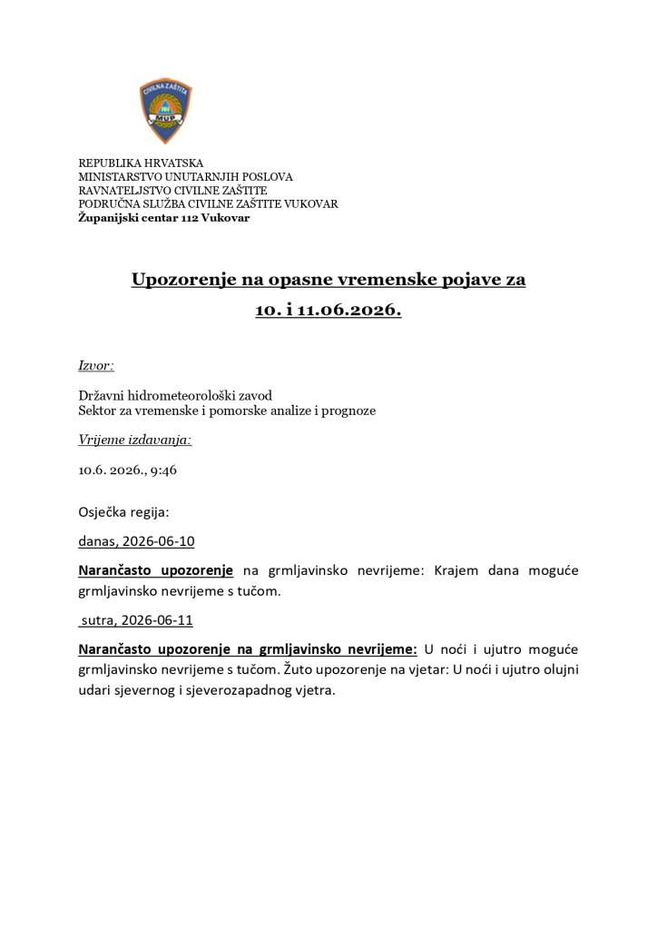 Upozorenje na opasne vremenske pojave (10. i 11. 6.)