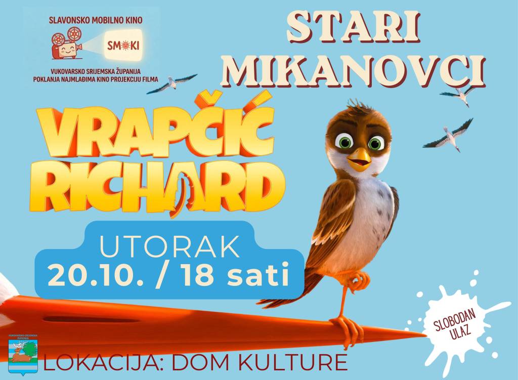 Besplatna projekcija animiranog filma „Vrapčić Richard” u Starim Mikanovcima