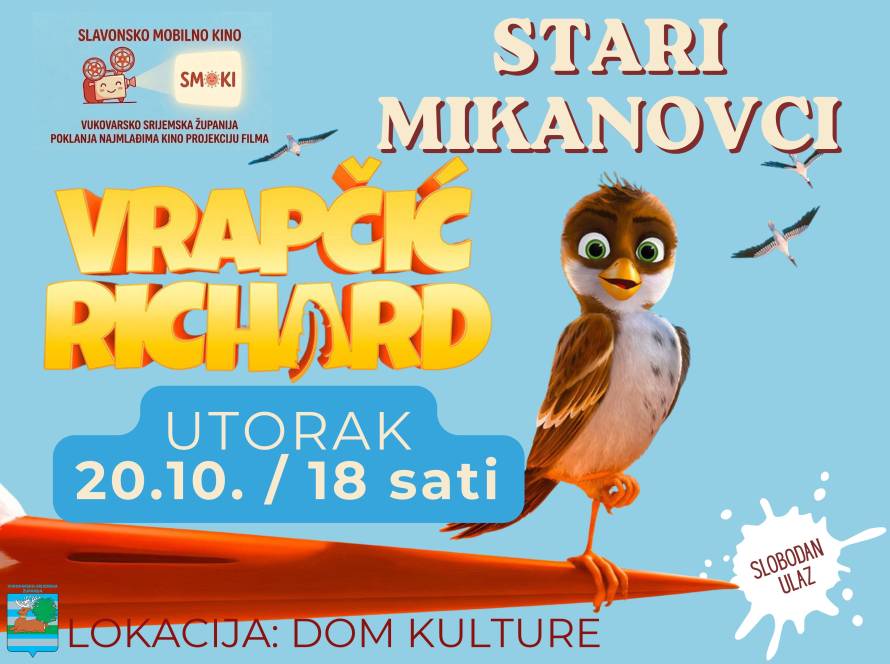 Besplatna projekcija animiranog filma „Vrapčić Richard” u Starim Mikanovcima